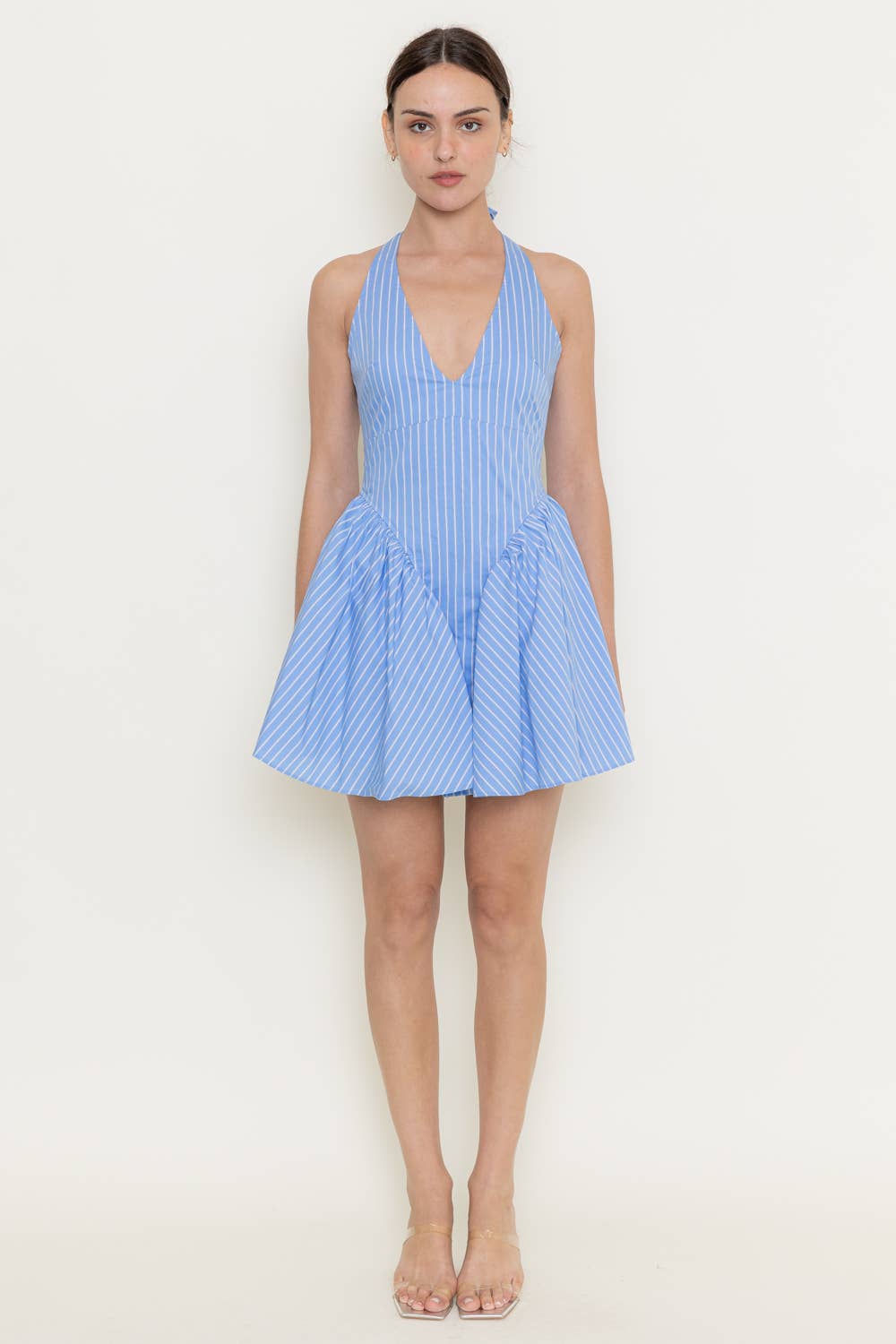 OPEN BACK STRIPE V NECKLINE BUBBLE HEM MINI DRESS