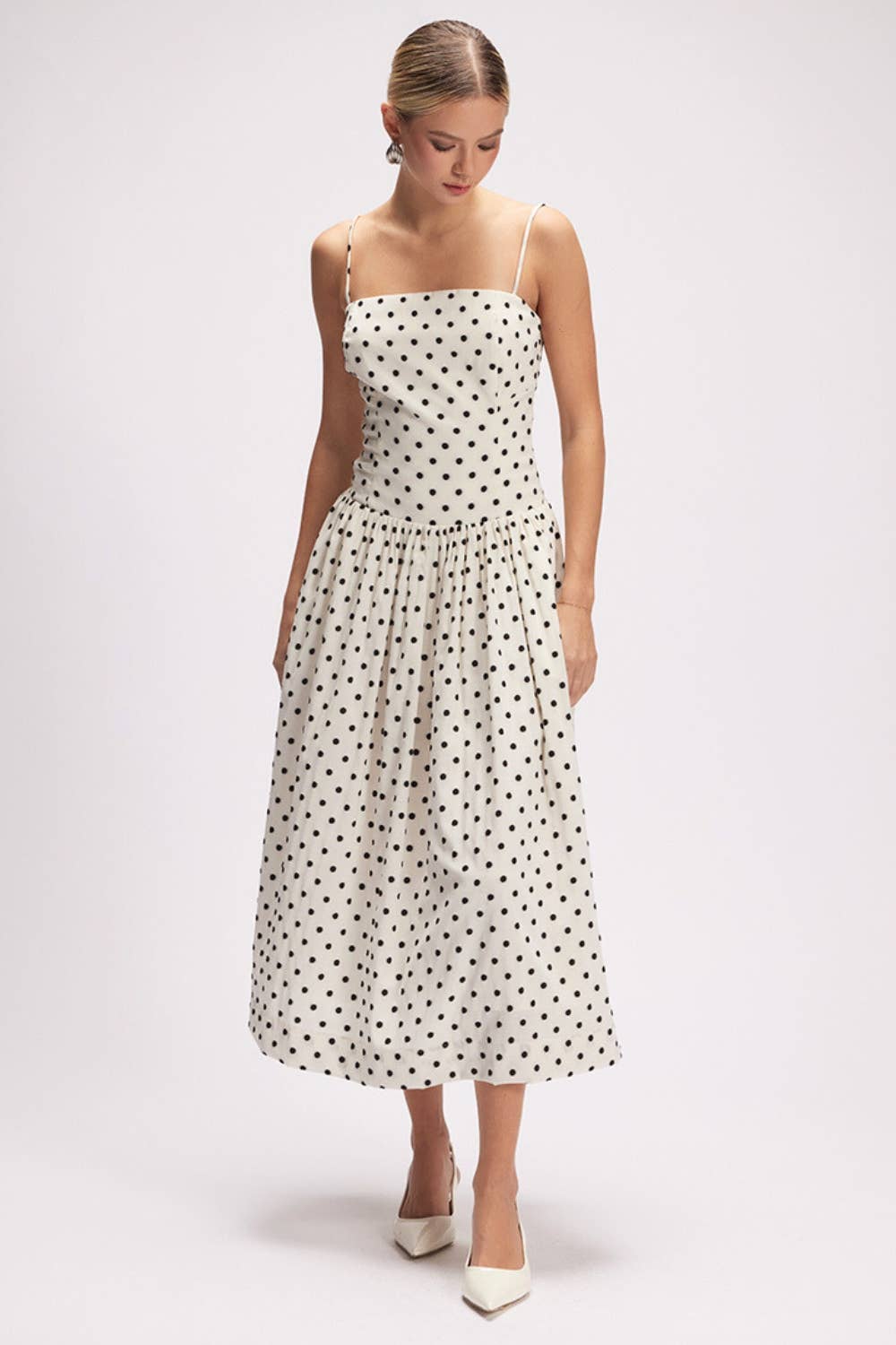 CHIC SQUARE NECK POLKA DOT FIT & FLARE MIDI DRESS