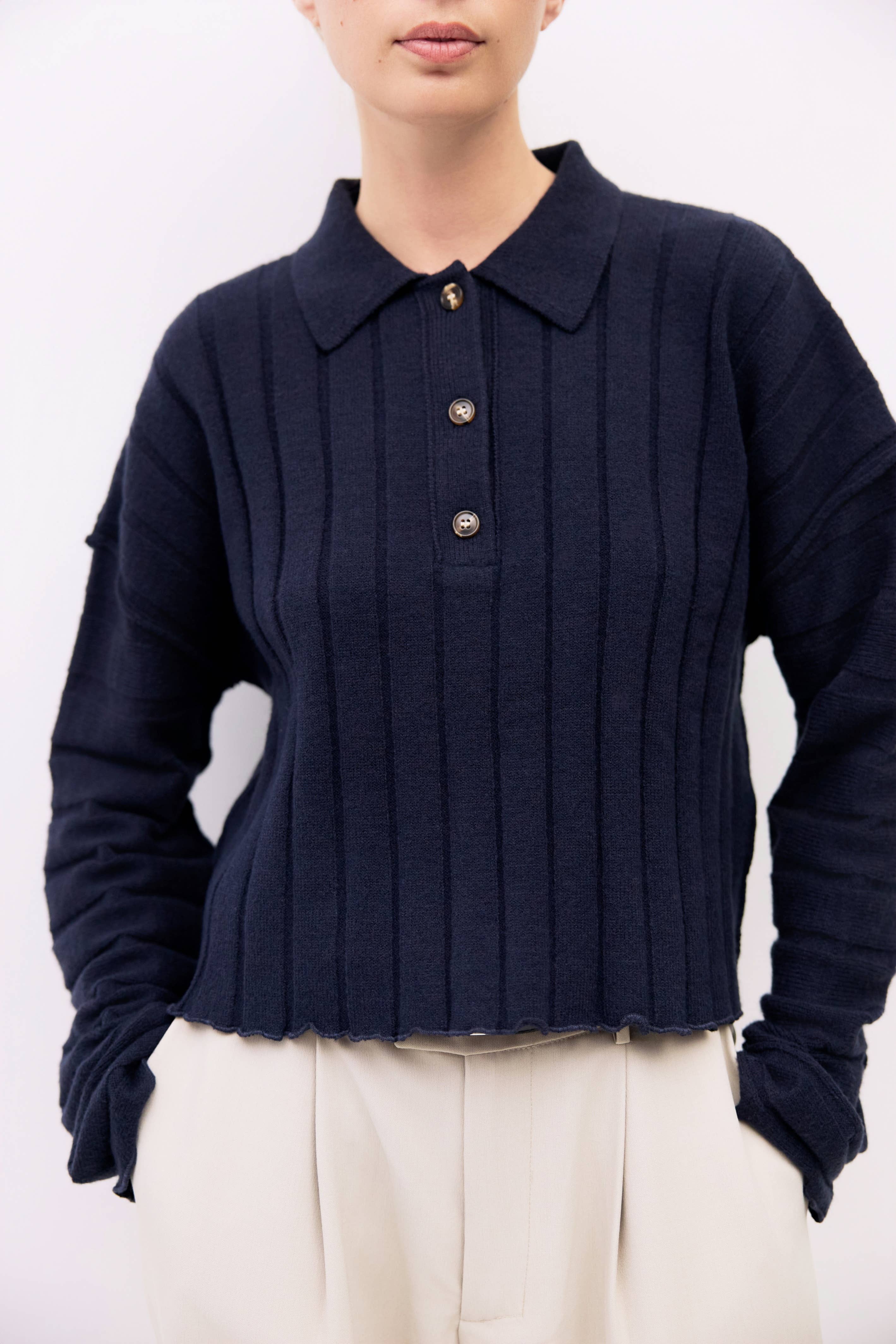 The Karina Sweater | Cropped Ribbed Knit Polo Sweater