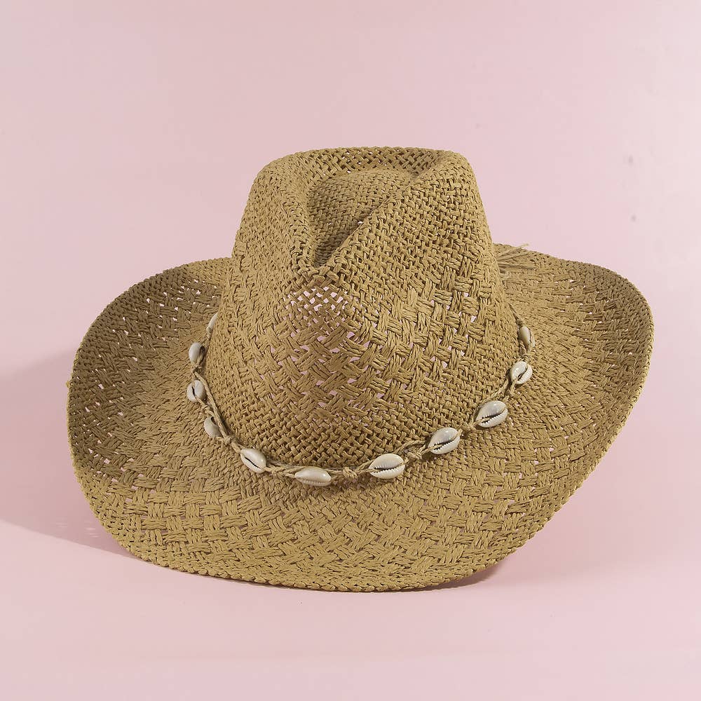 STRAW COWRIE SHELL BAND COWBOY HAT