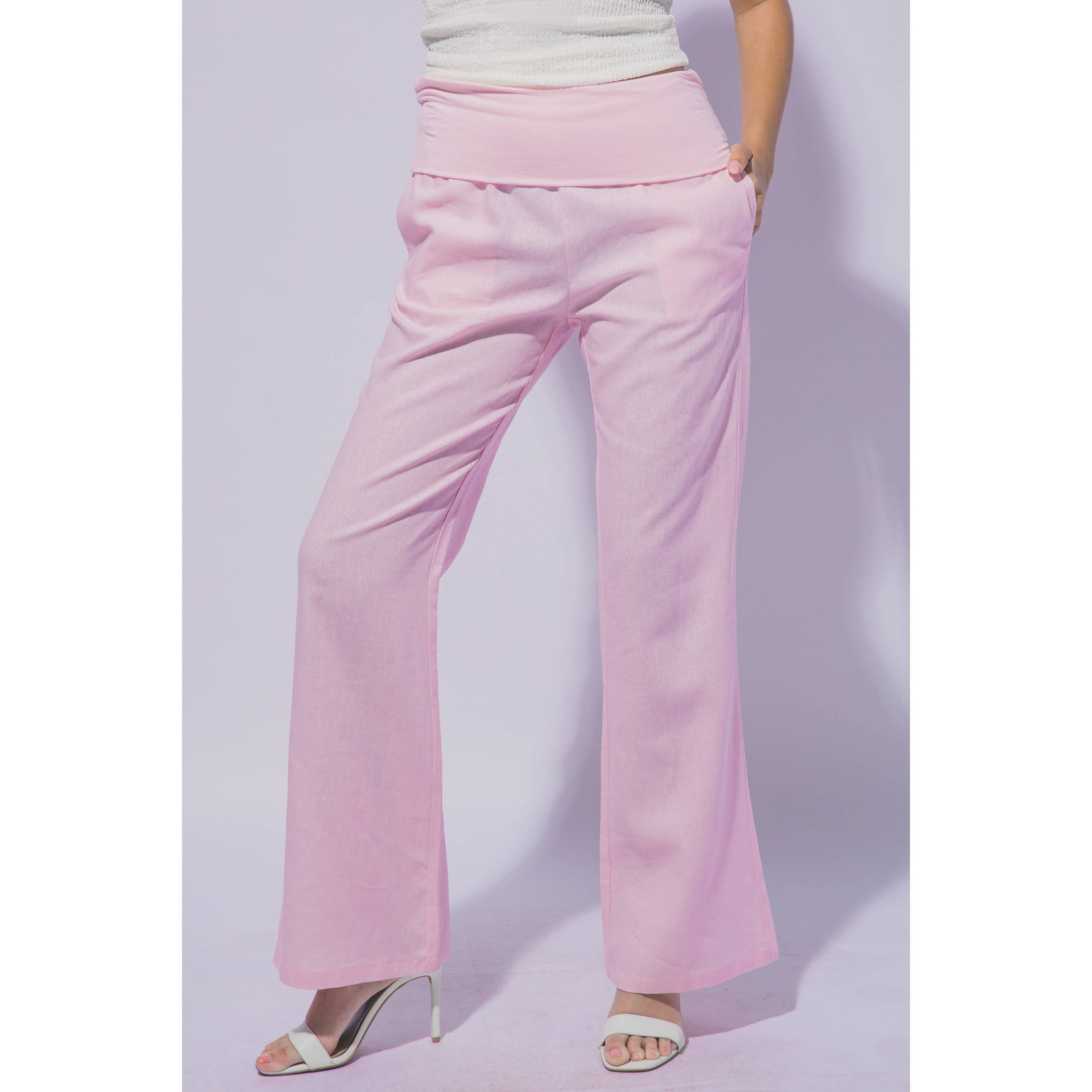 WAIST FOLD OVER FLARE LINEN PANTS