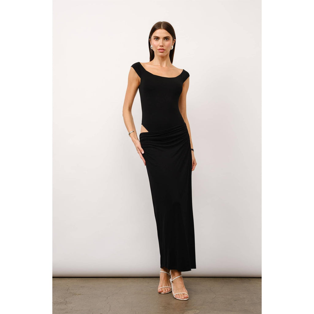 Juliette Off The Shoulder Bodycon Maxi Dress in Black Jersey