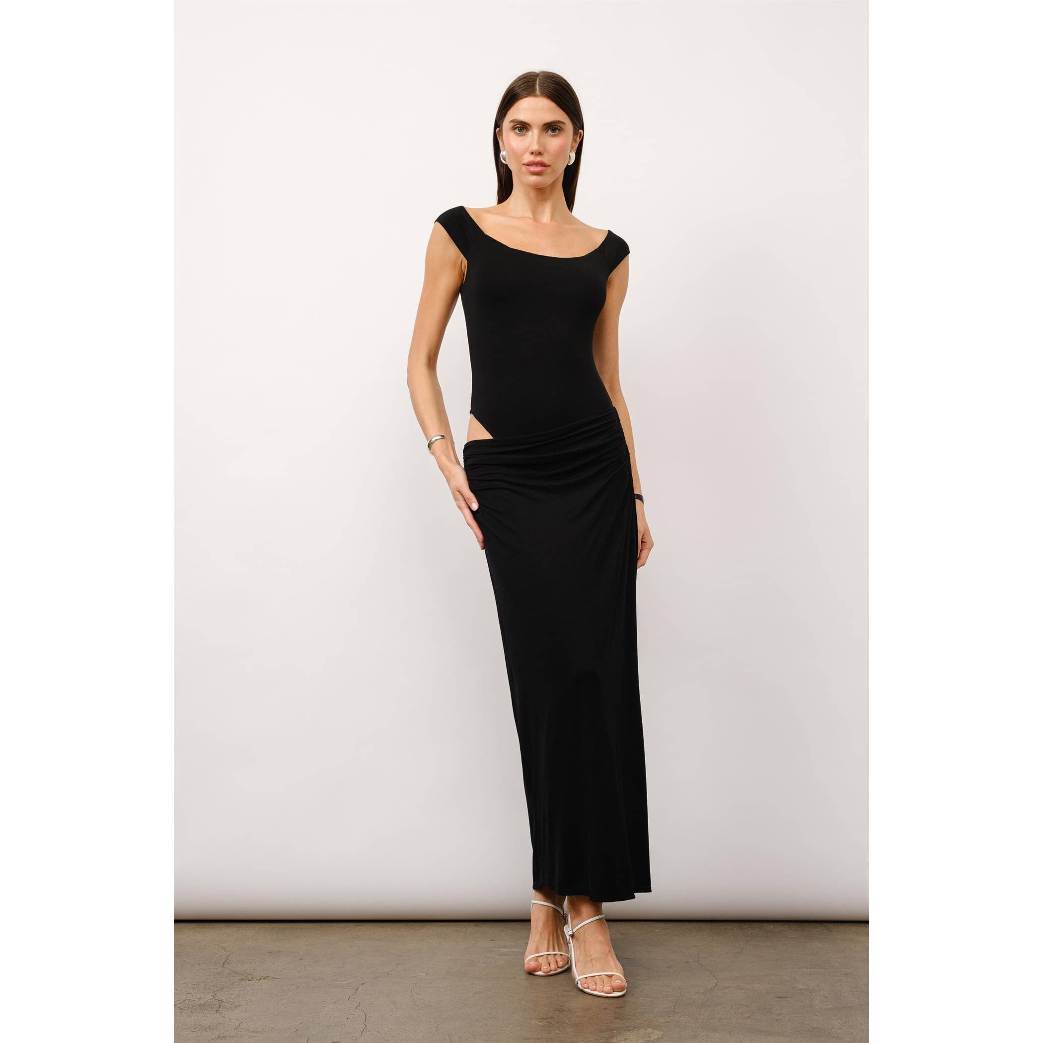 Juliette Off The Shoulder Bodycon Maxi Dress in Black Jersey