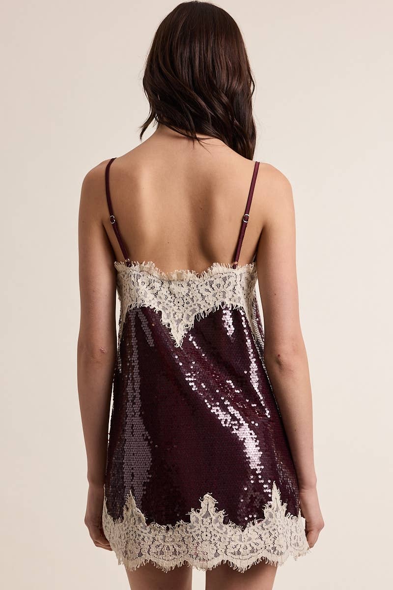 Holiday Dark Sequin Off-white Lace Mini Dress