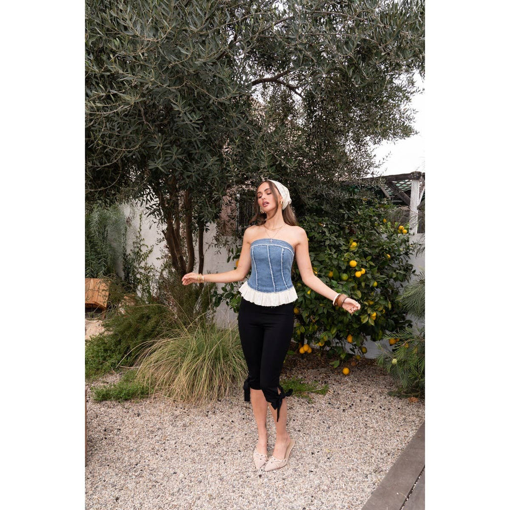 Denim Tube Top With Eyelet Frilled Hem