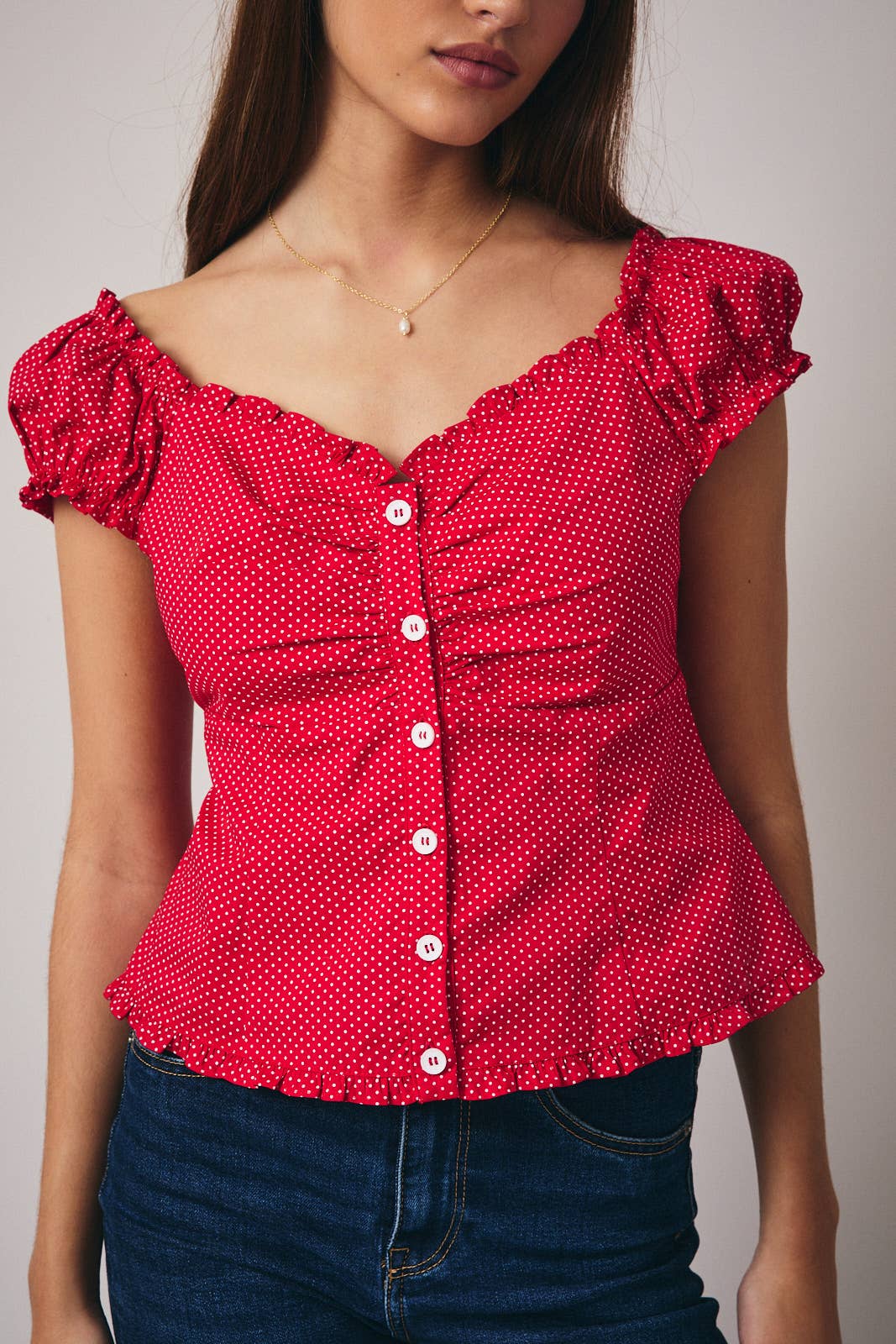 Cap Sleeve Button Down Polka Dot Top