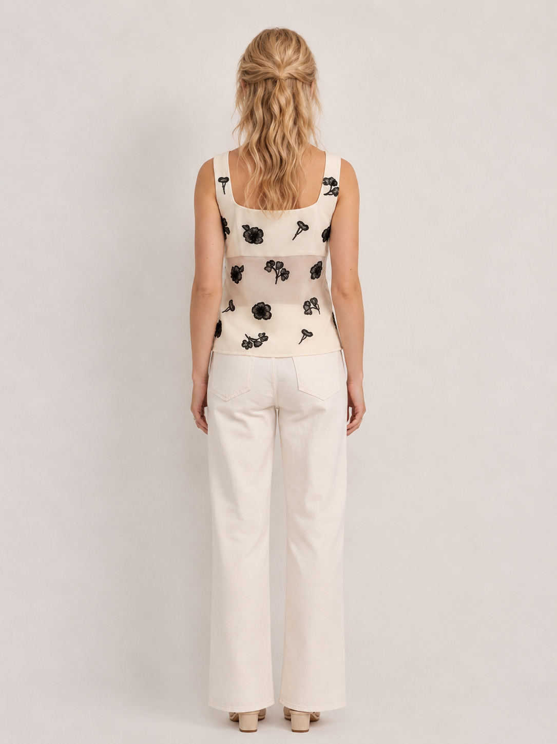 WIDE STRAP FLORAL EMBROIDERED EMBELLISHMENT ORGANZA TOP