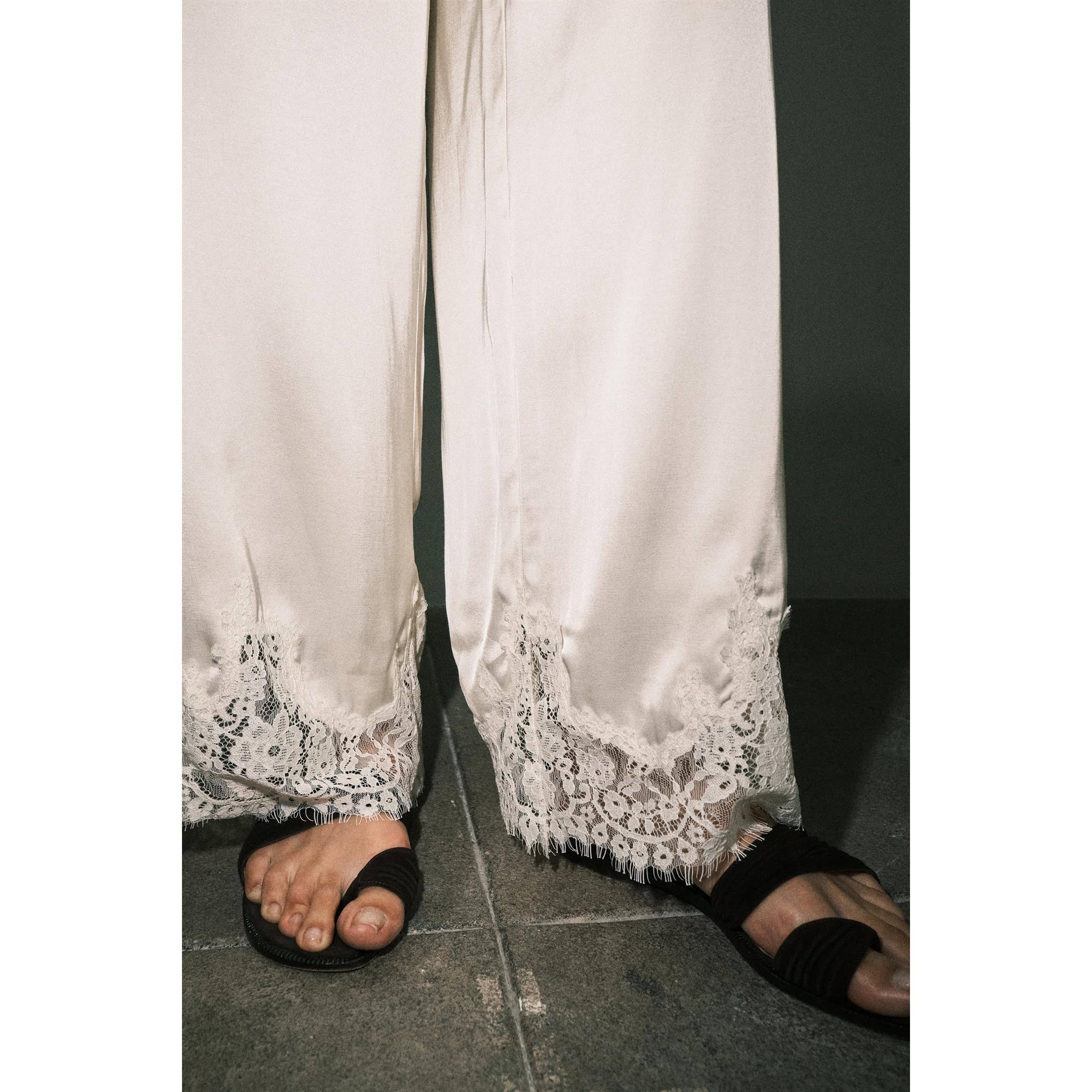 MIREYA SATIN LACE HEM WIDE LEG PALAZZO PANTS