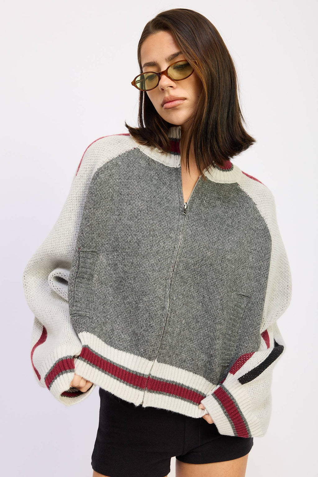Zip Up Sweater Cardigan With Mock Neck