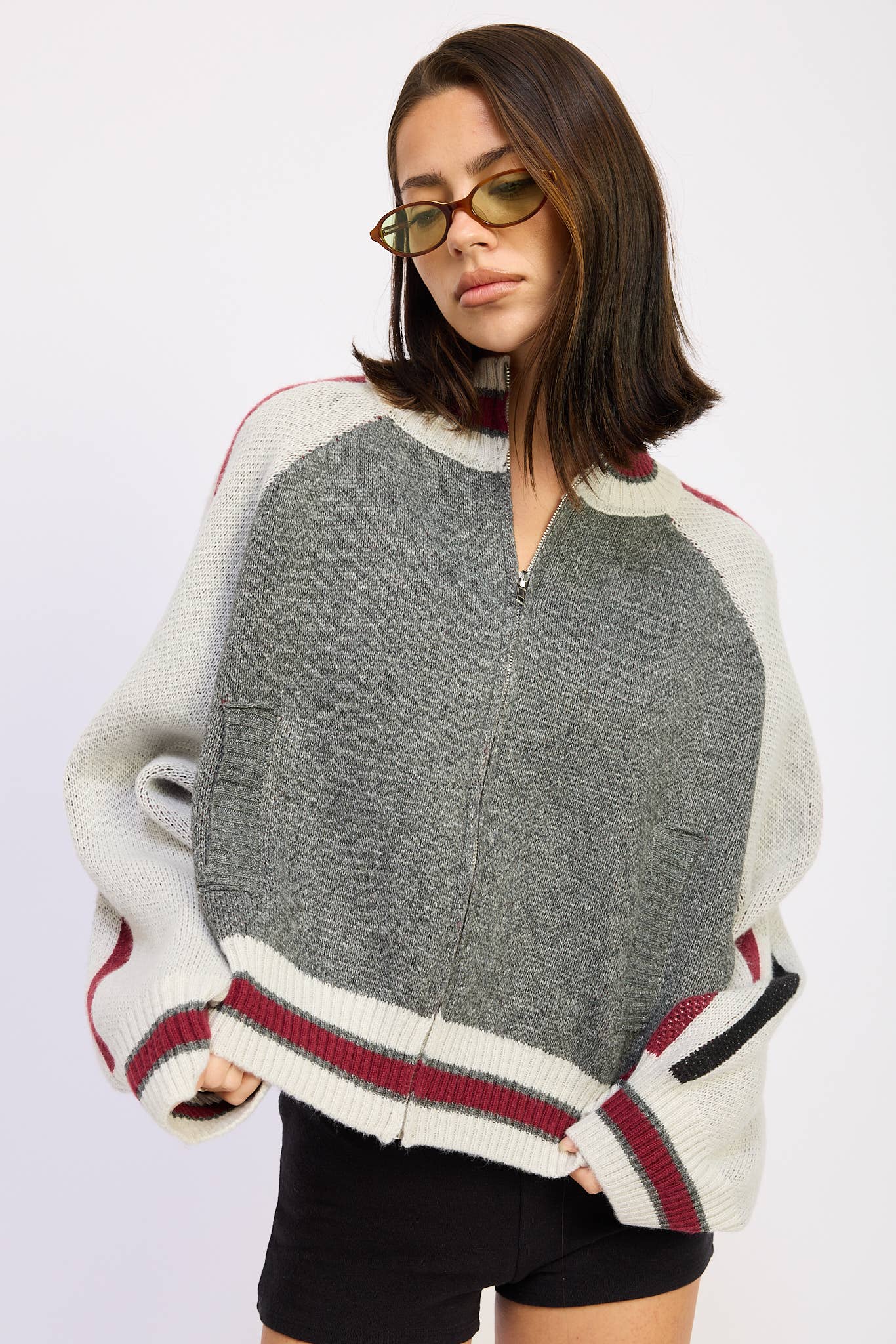 Zip Up Sweater Cardigan With Mock Neck