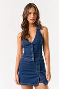 STRETCH DENIM HALTER SMOCKED BACK TOP