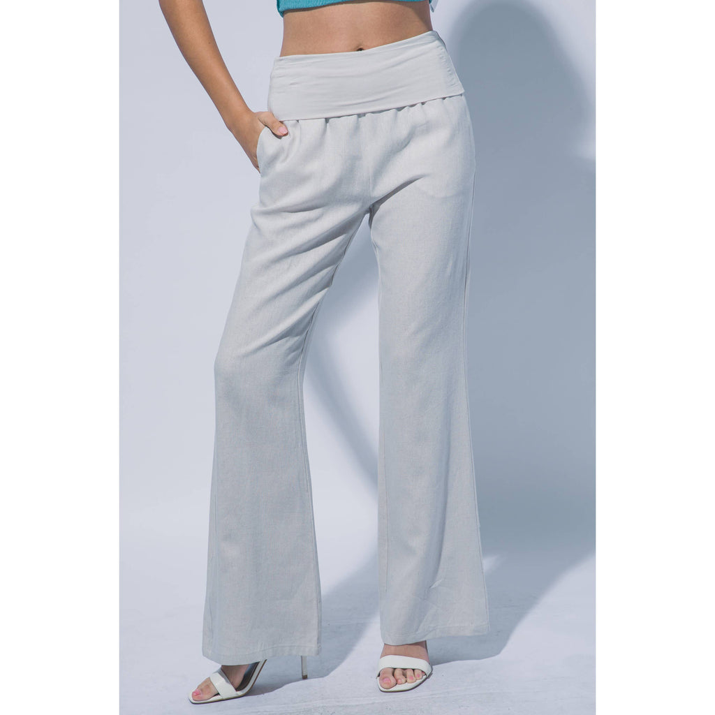 WAIST FOLD OVER FLARE LINEN PANTS