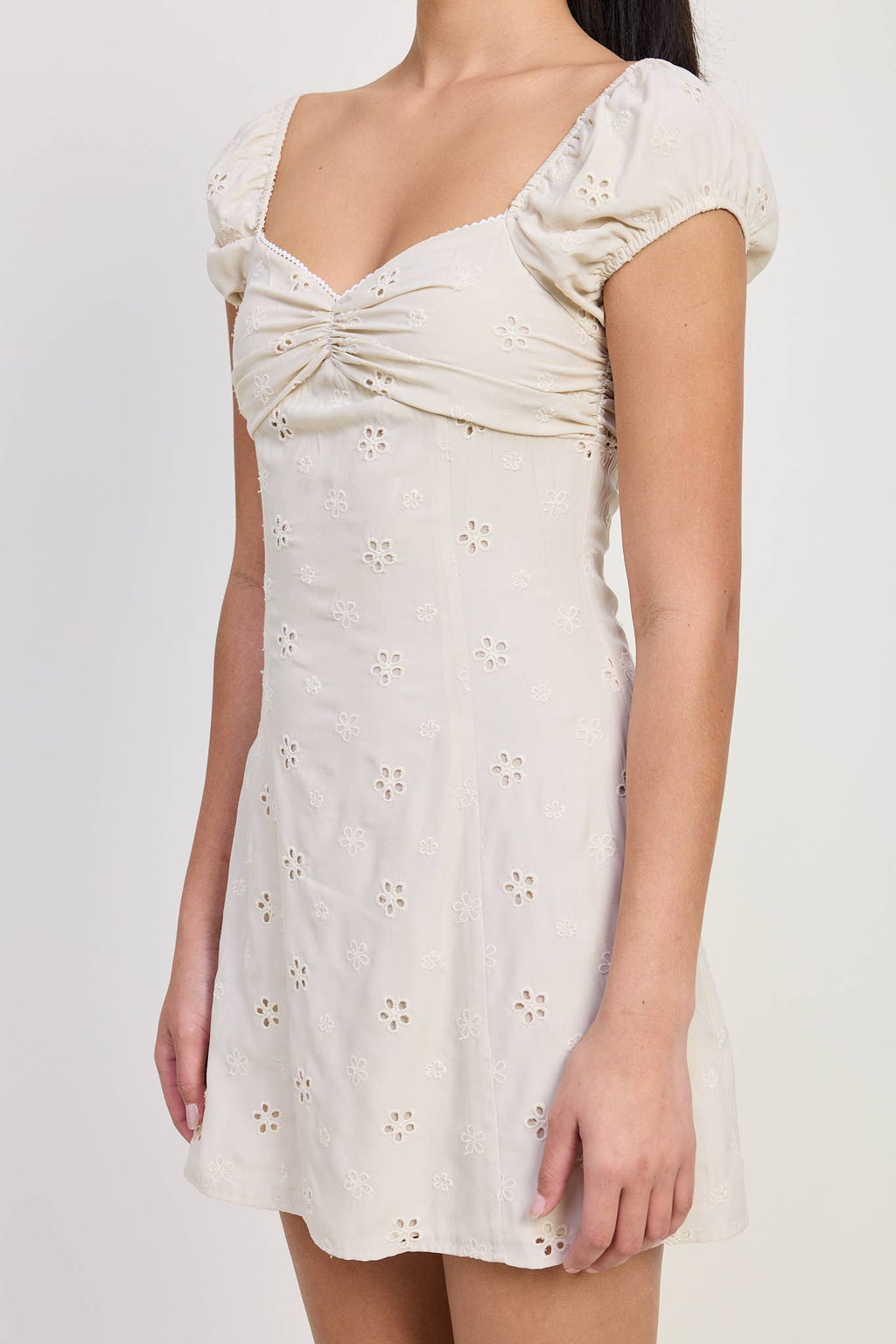 MIX MEDIA MINI RUCHED DRESS