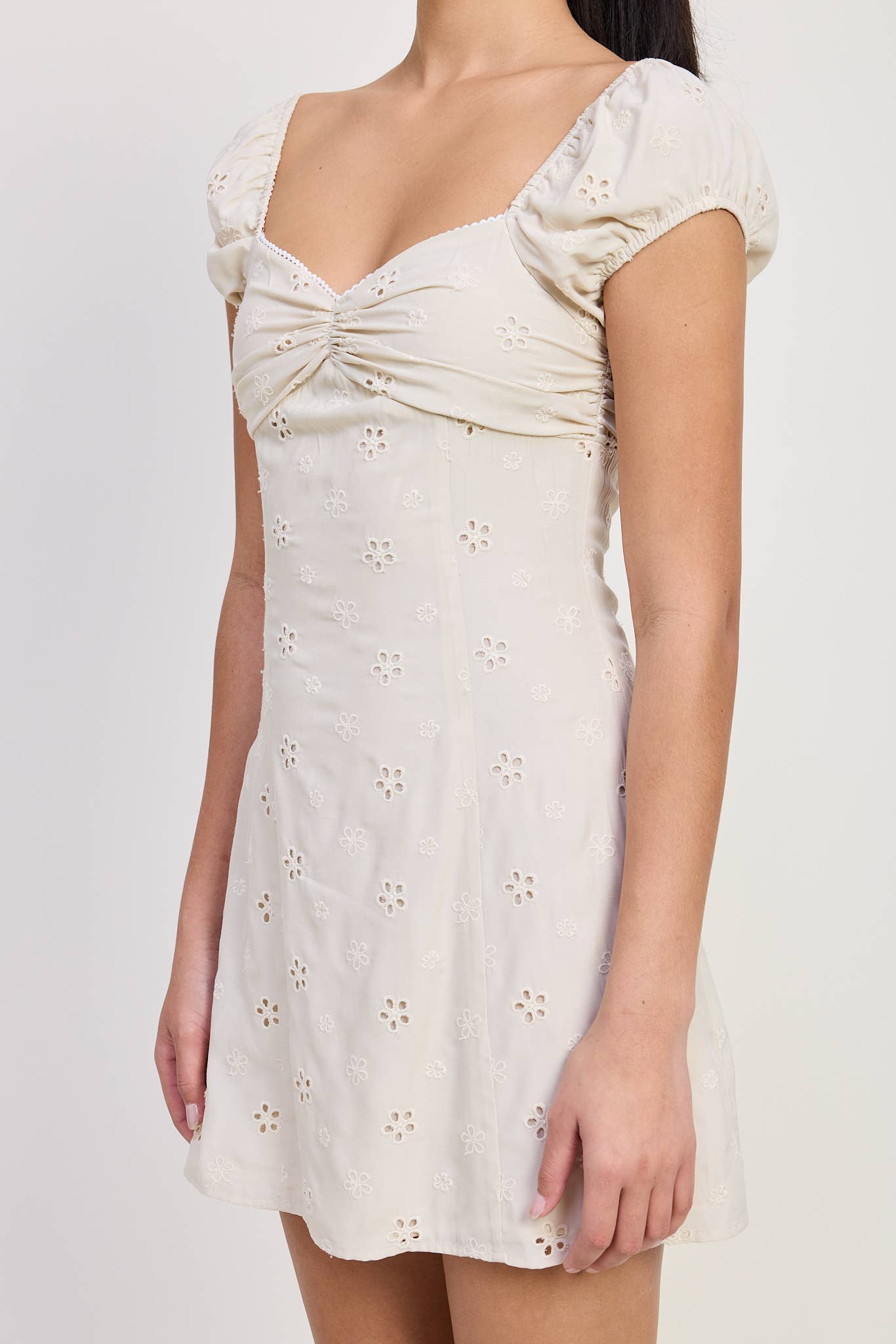 MIX MEDIA MINI RUCHED DRESS