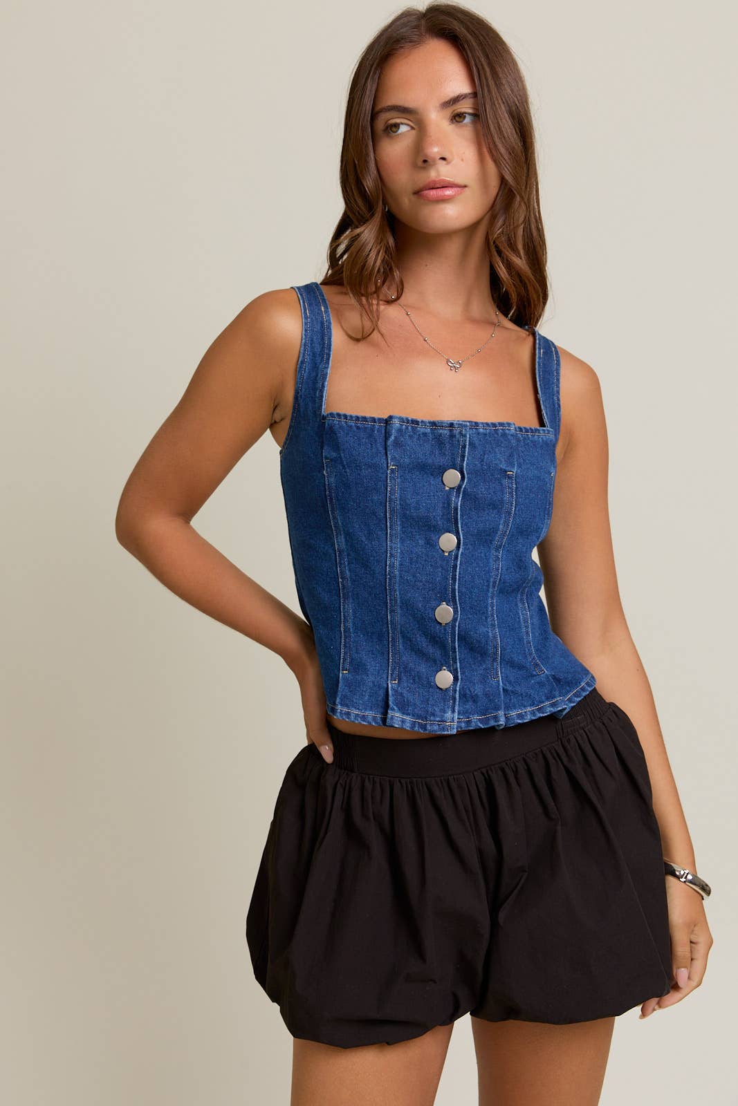 FRONT PLEATED DETAIL SLEEVELESS DENIM TOP