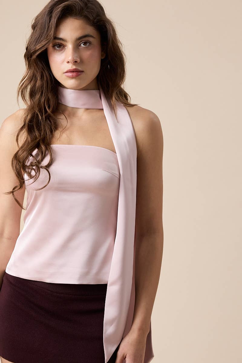 Neck Scarf Attached Solid Color Plain Tube Top