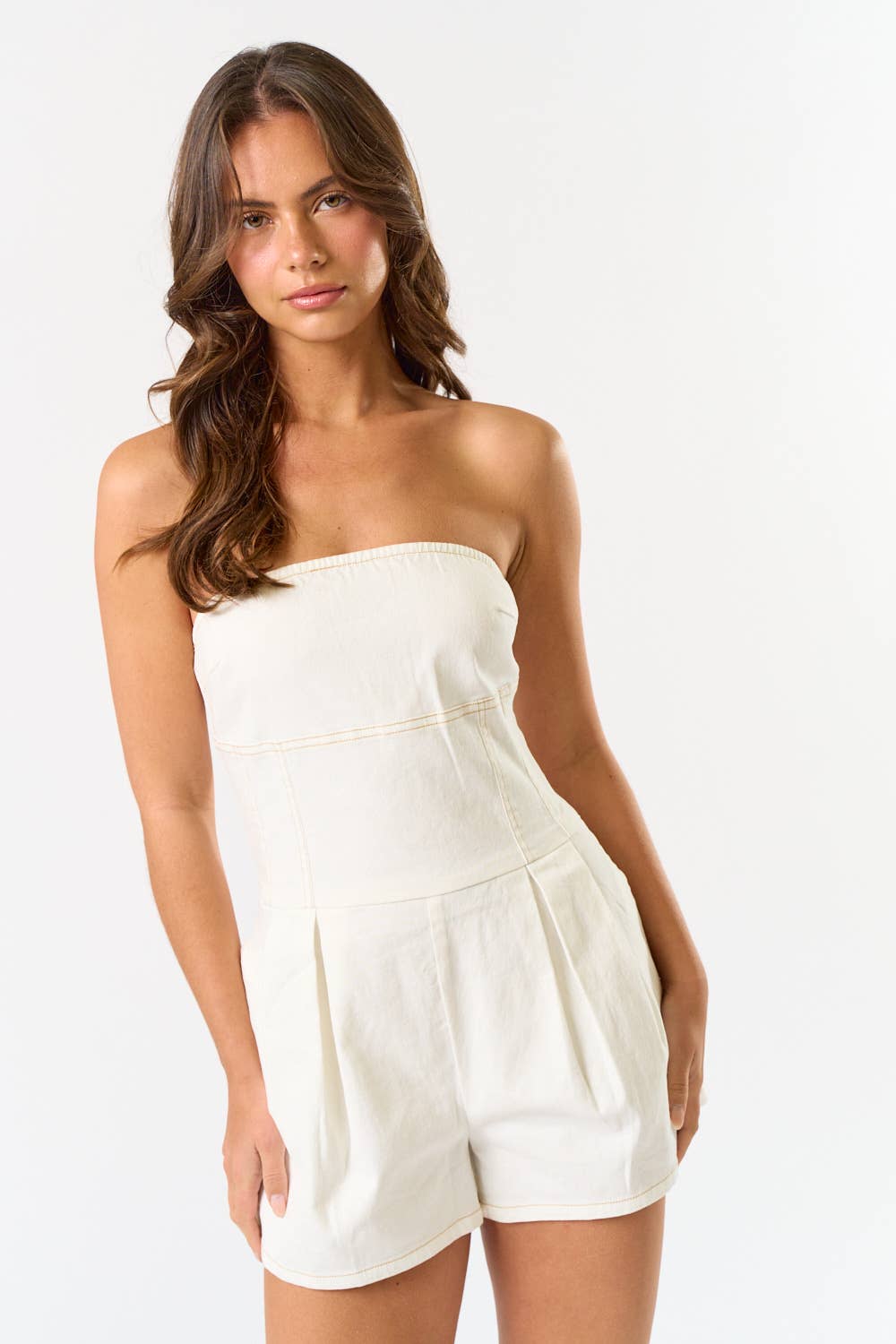 DENIM TUBE PLEATED ROMPER