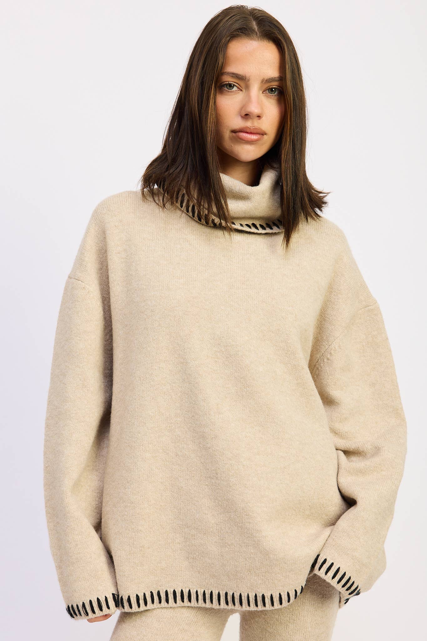 Oversized Turtle Neck Sweater With Stitching