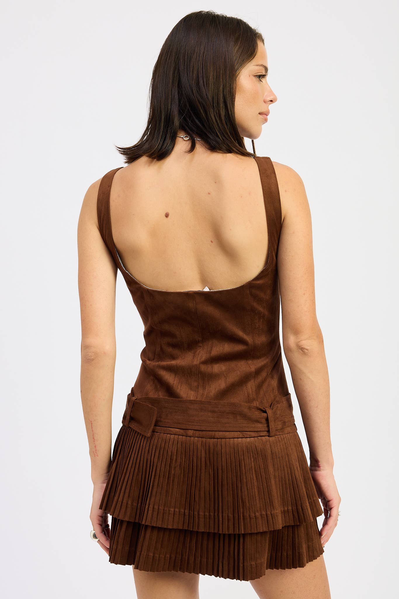 Belted Suede Pleat Mini Dress