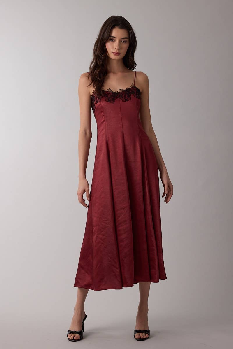 Satin Black Floral Lace Bust Sleeveless Midi Dress