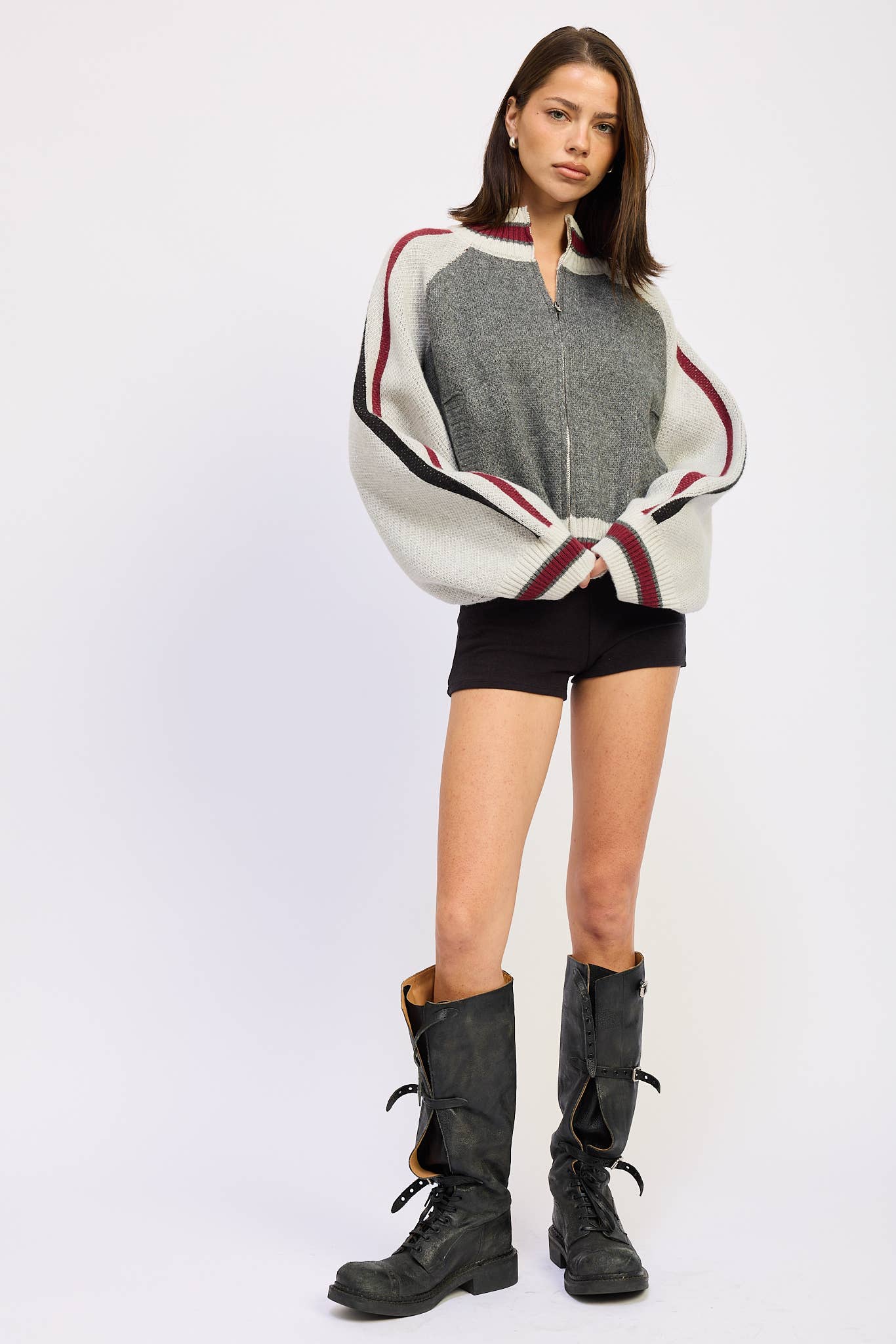 Zip Up Sweater Cardigan With Mock Neck