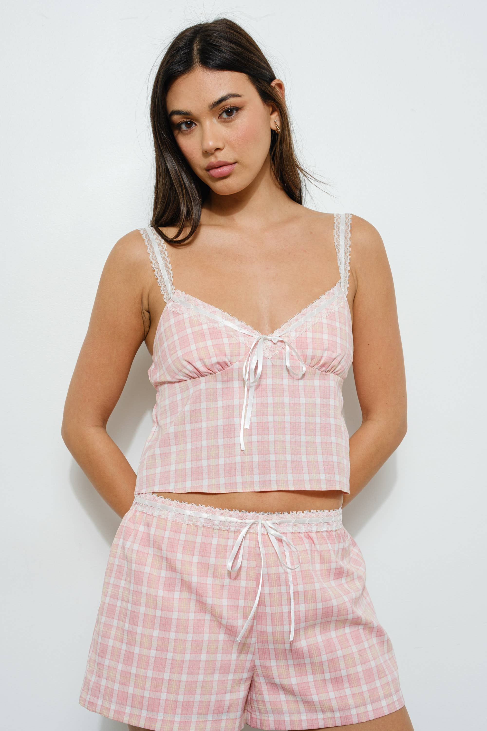 LACE TRIM PLAID CAMI