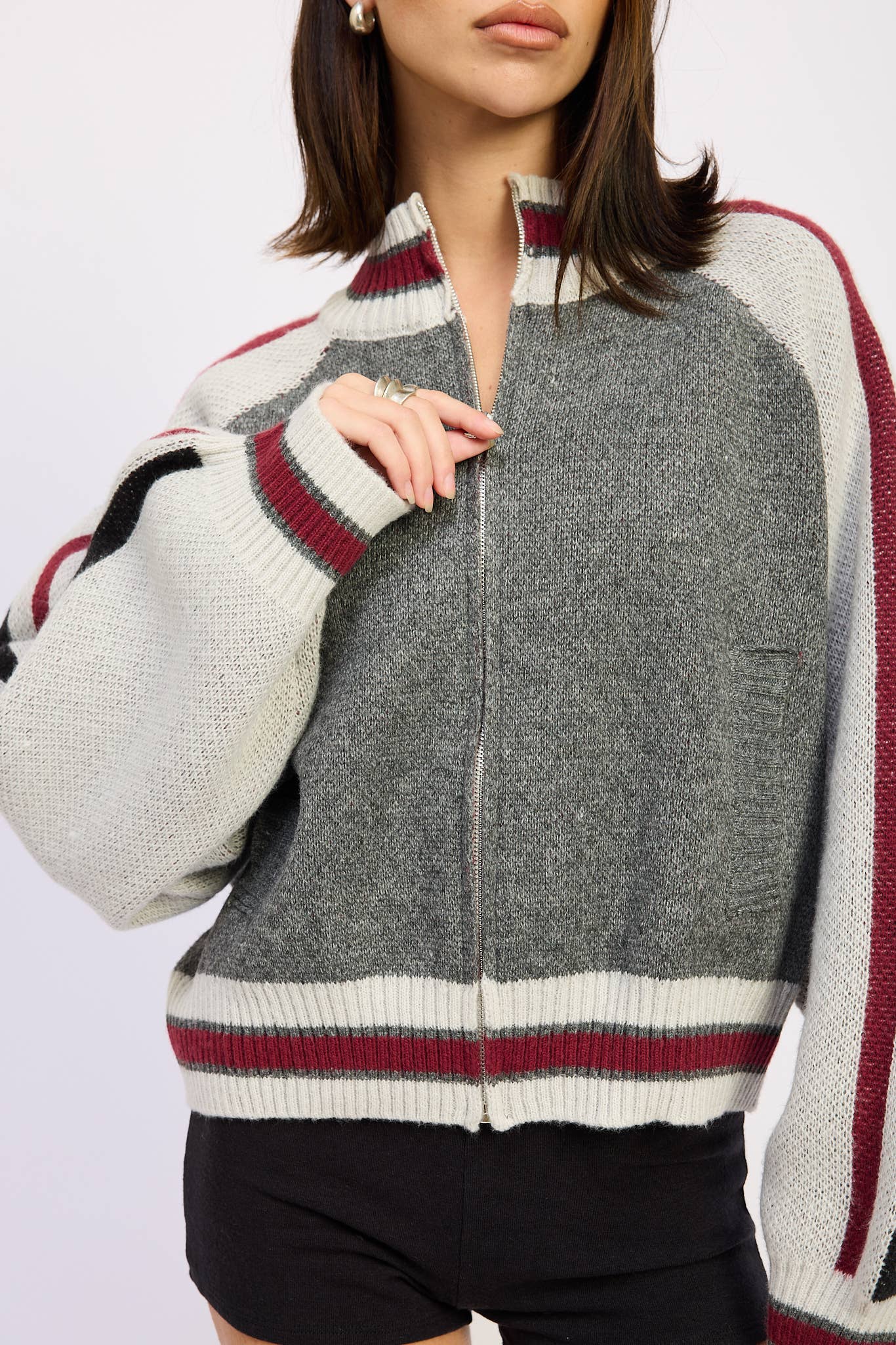 Zip Up Sweater Cardigan With Mock Neck