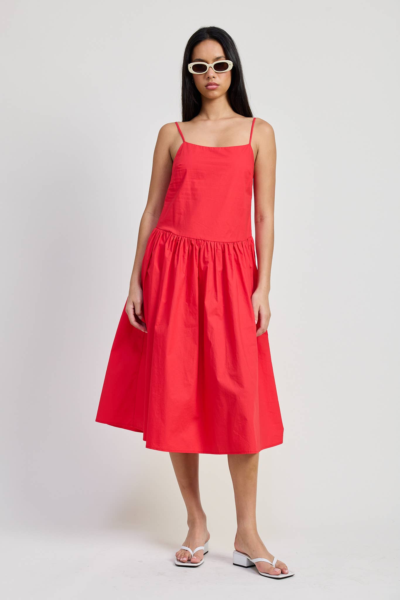 SQAURE NECK MIDI POPLIN DRESS