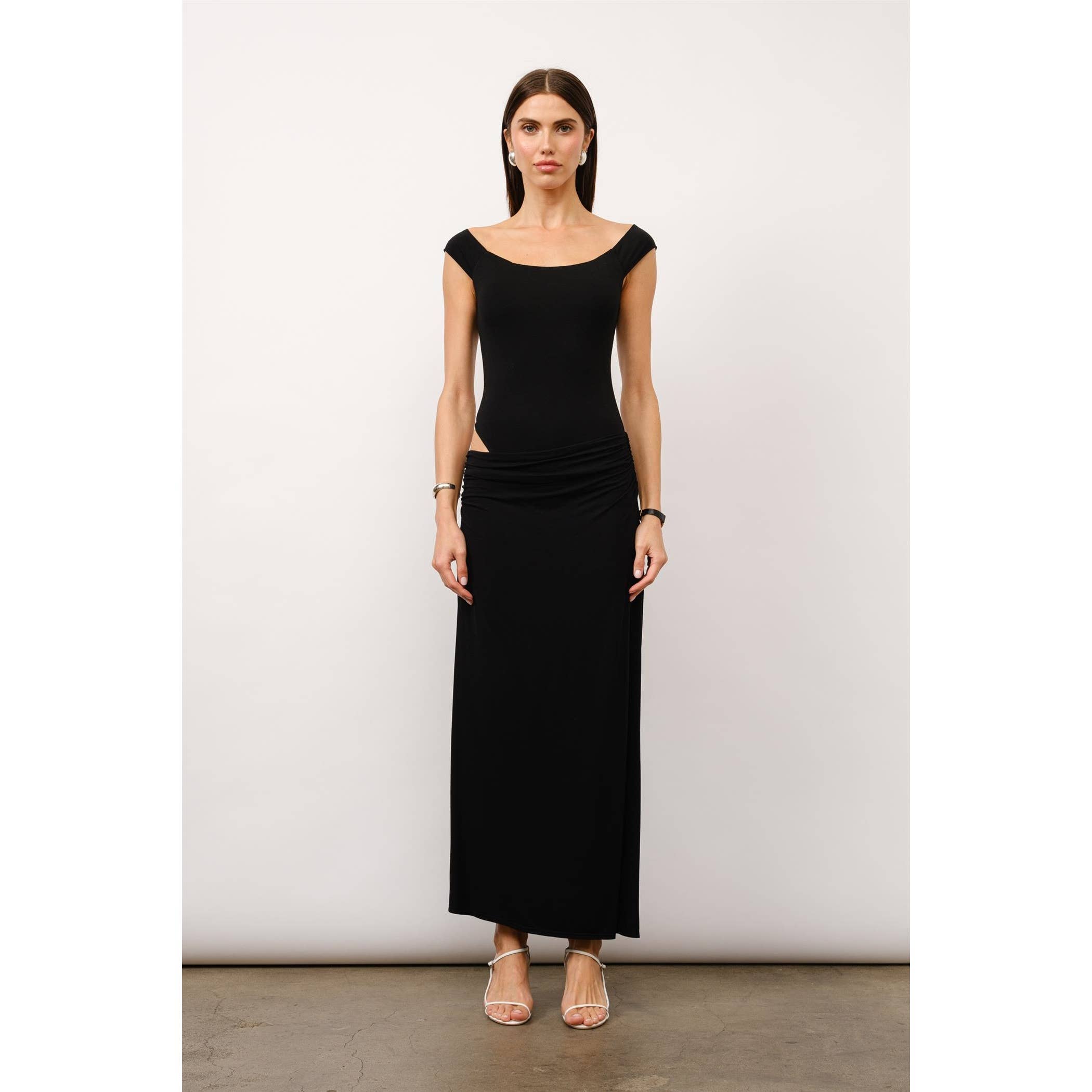 Juliette Off The Shoulder Bodycon Maxi Dress in Black Jersey
