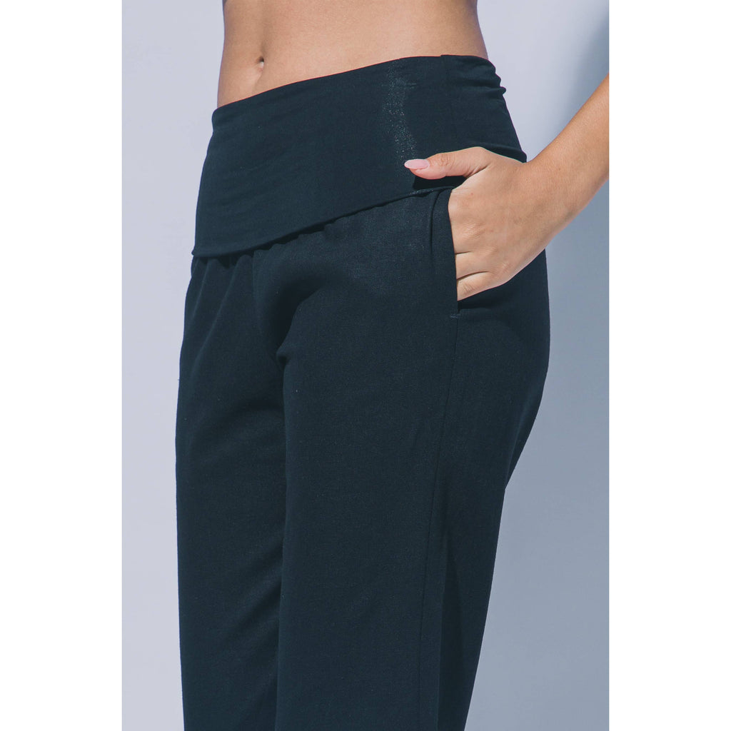 WAIST FOLD OVER FLARE LINEN PANTS