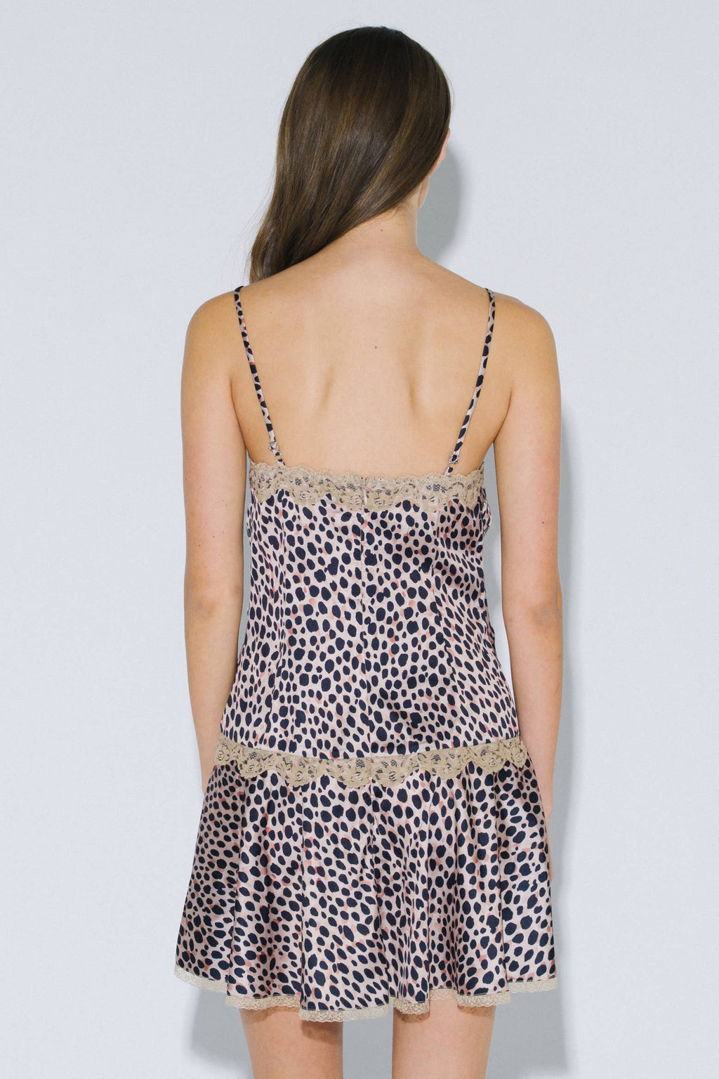 LEOPARD PRINT DROP WAIST MINI DRESS W/ LACE TRIM