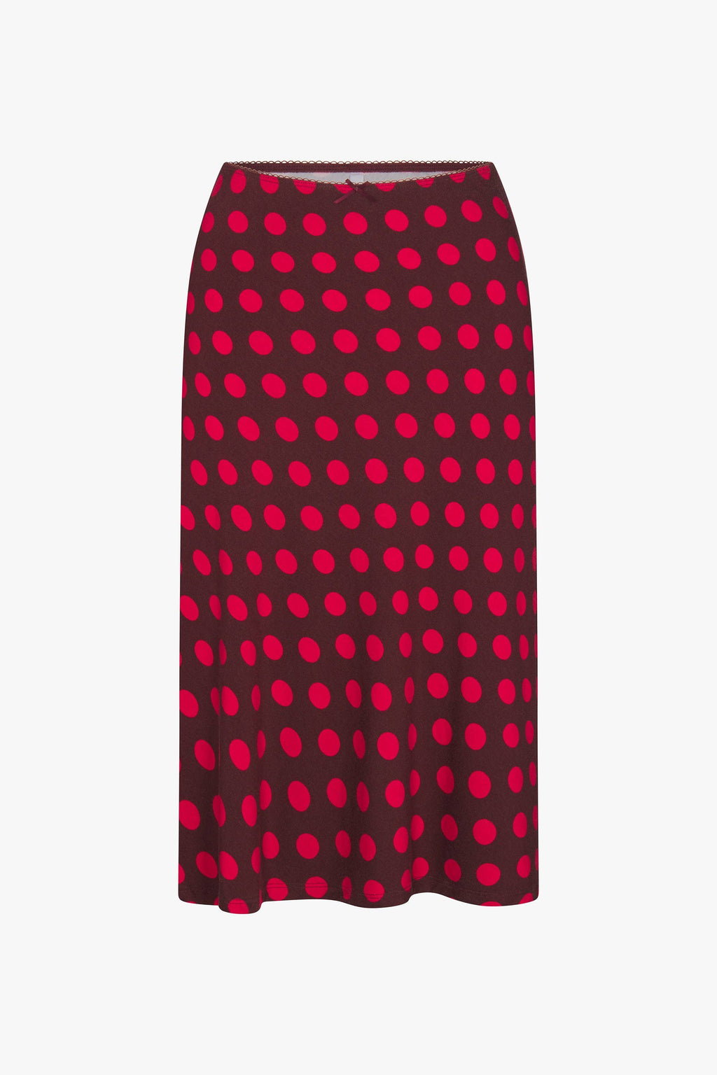 BIAS MIDI SLIP SKIRT IN SCARLET DOT