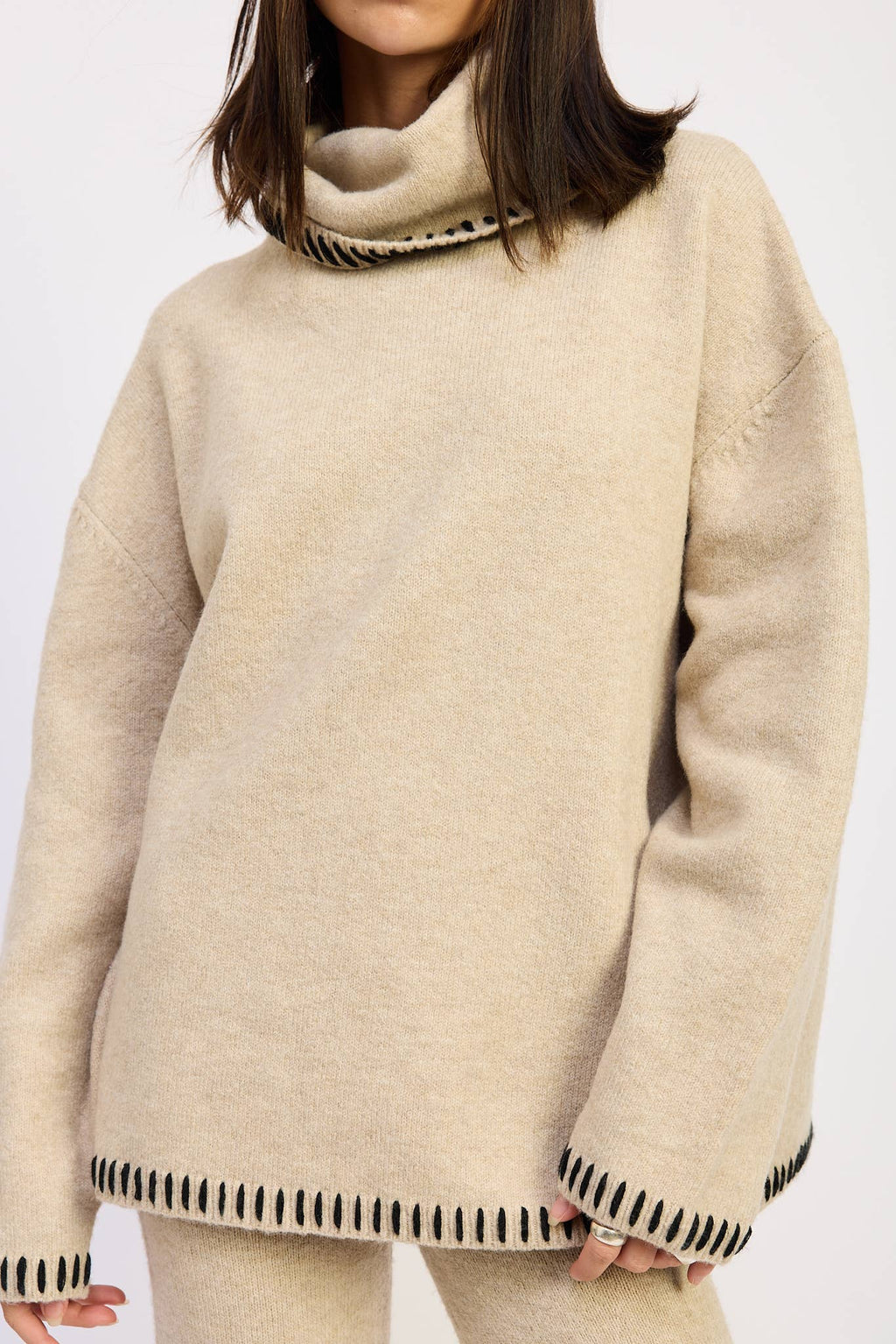 Oversized Turtle Neck Sweater With Stitching
