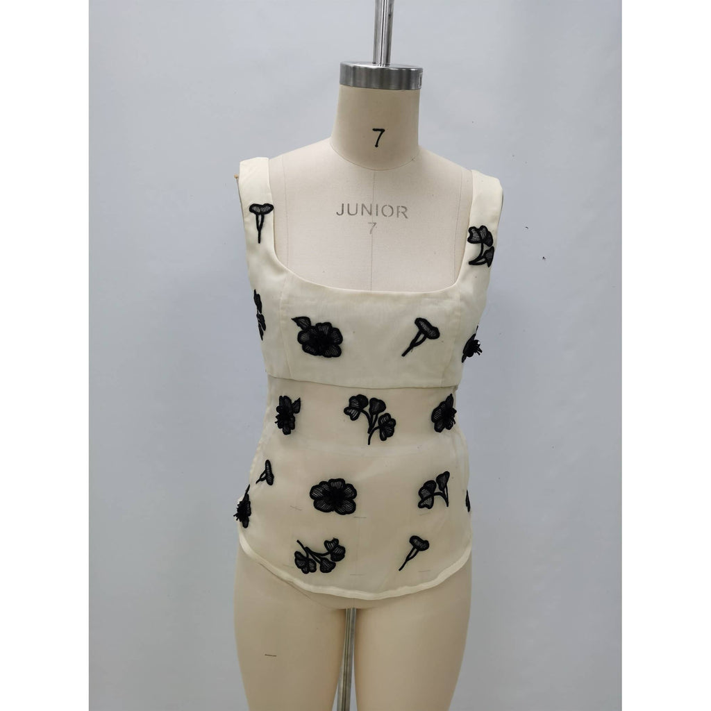 WIDE STRAP FLORAL EMBROIDERED EMBELLISHMENT ORGANZA TOP
