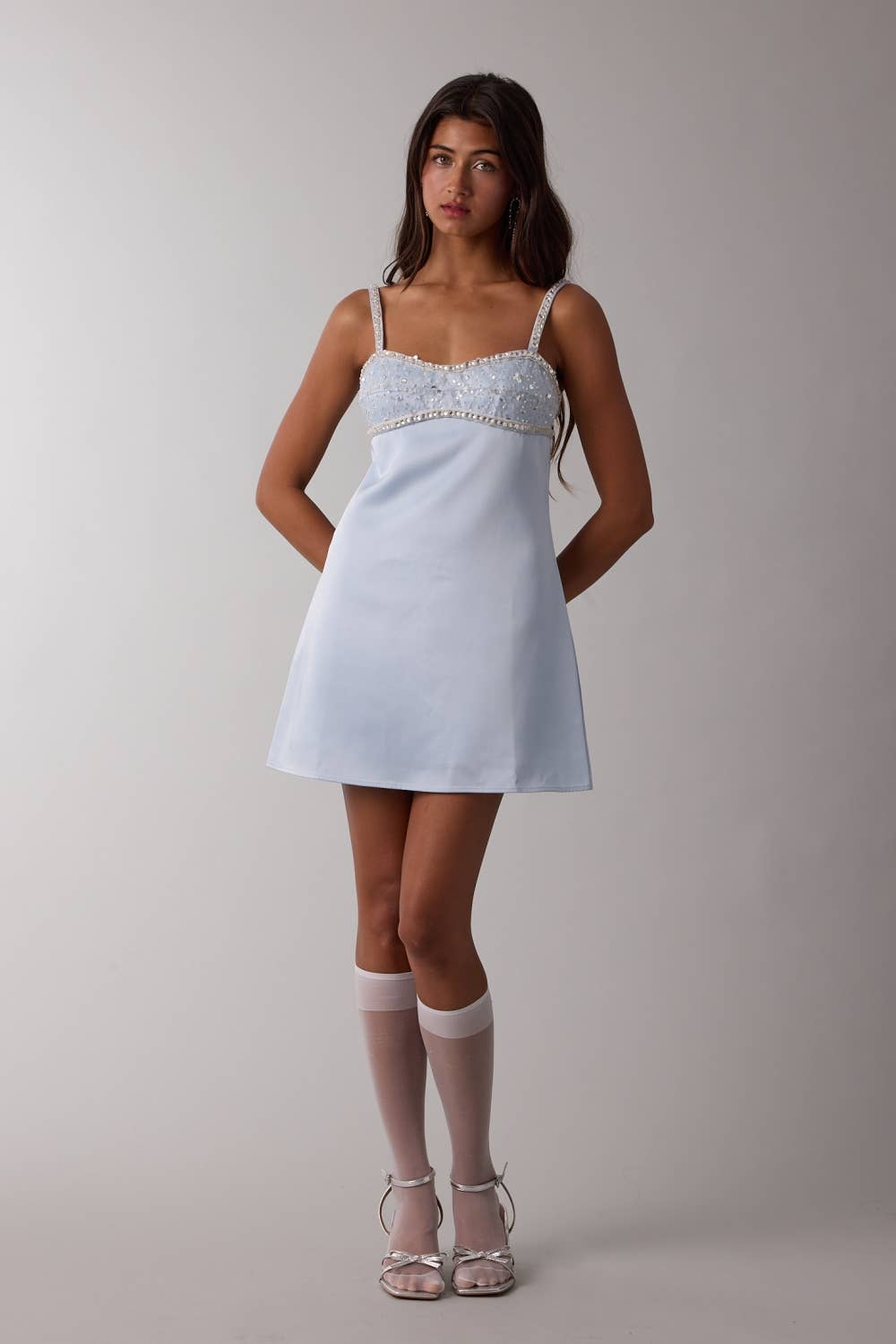 Jeweled Bust Point Soft Color Plain Mini Dress