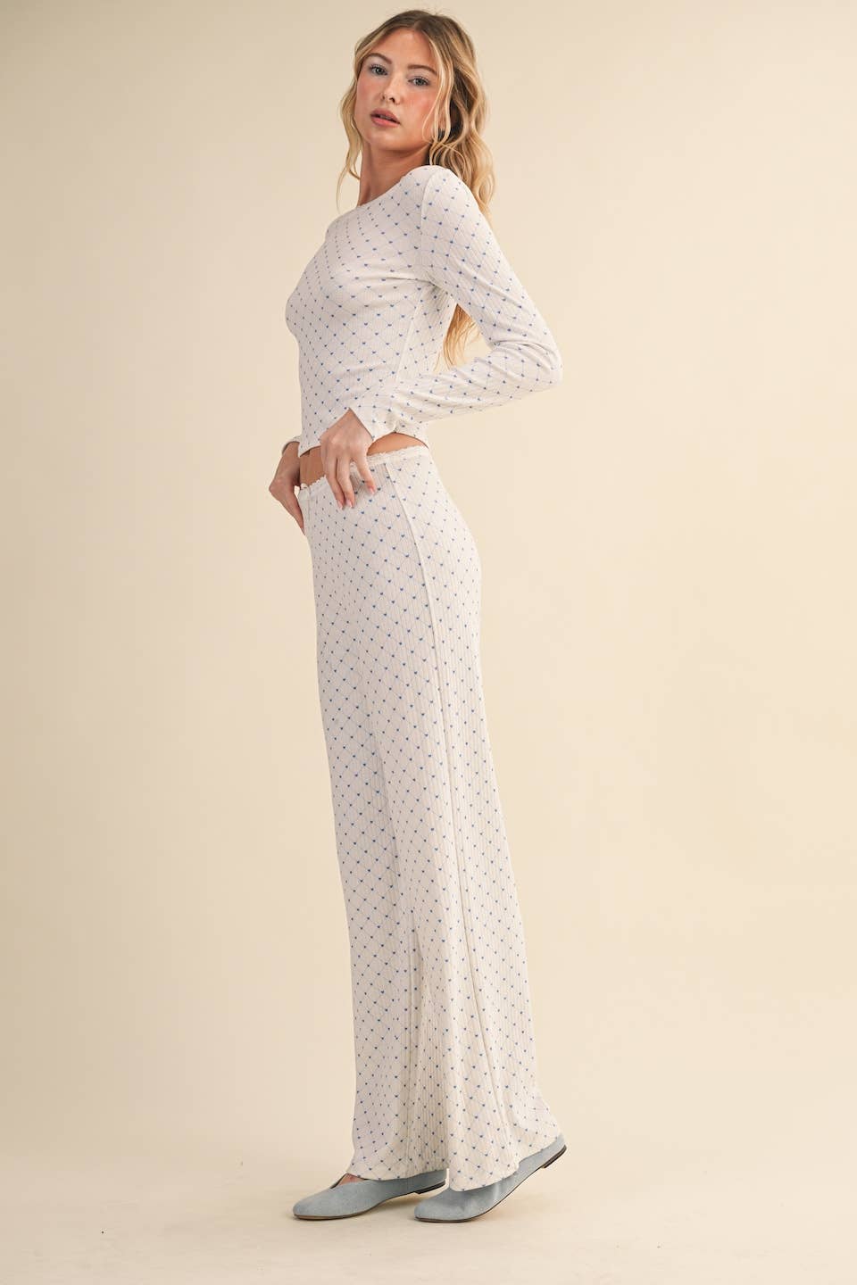 Heart Print Pointelle Lounge Set with Picot Lace Trim