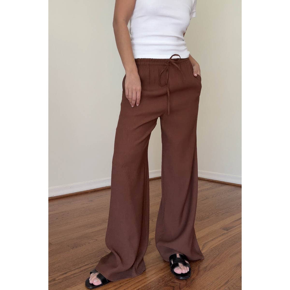 Drawstring Mid Waist Straight Leg Flowy Pants