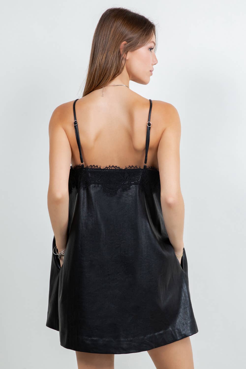 Structured Pu Leather with Accent Lace Mini Dress