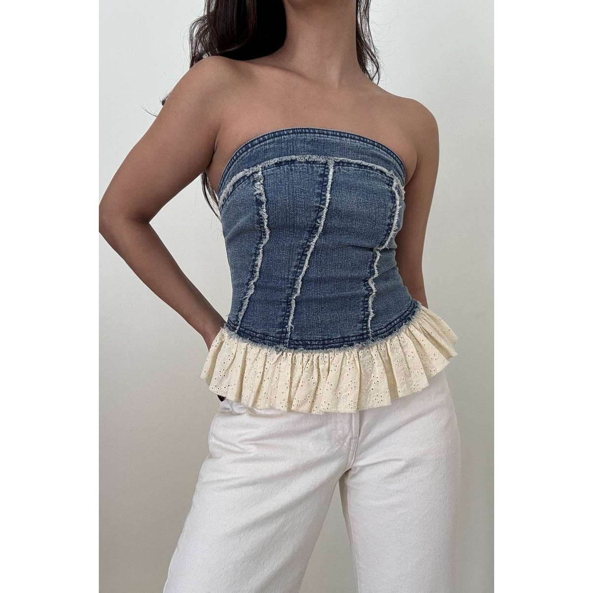 Denim Tube Top With Eyelet Frilled Hem