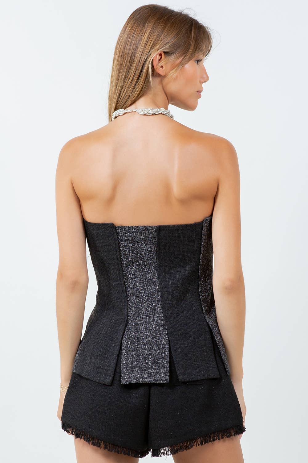 TWO TONE TWEED BUSTIER TOP - BLACK COMBO