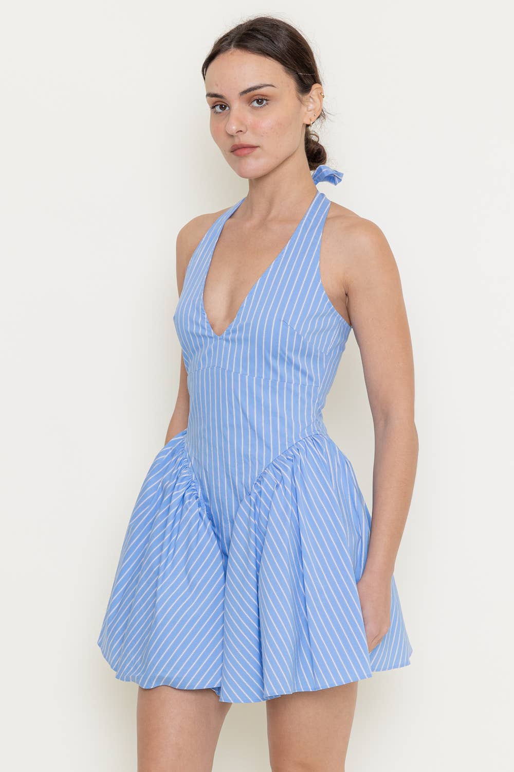 OPEN BACK STRIPE V NECKLINE BUBBLE HEM MINI DRESS