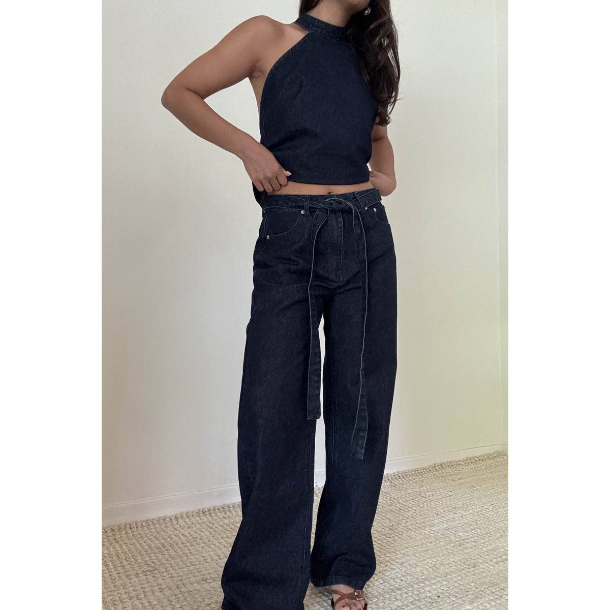 Self-Tie Belt Loose Baggy Fit Denim Pants