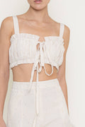 PLEATED STRIPE RUFFLE SELF STRAP BOW TIE CROP TOP
