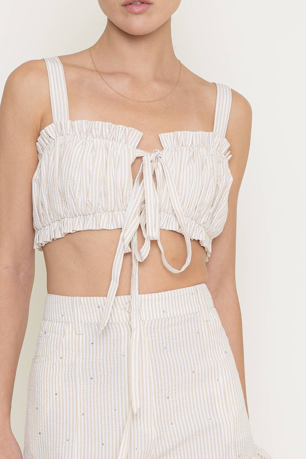 PLEATED STRIPE RUFFLE SELF STRAP BOW TIE CROP TOP