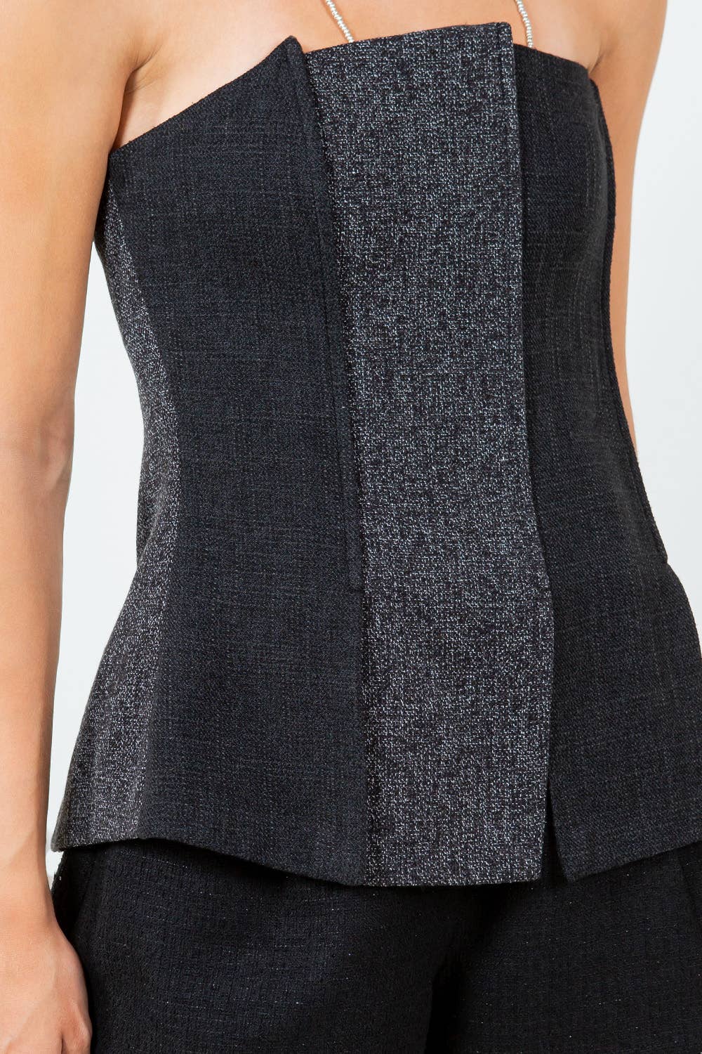 TWO TONE TWEED BUSTIER TOP - BLACK COMBO