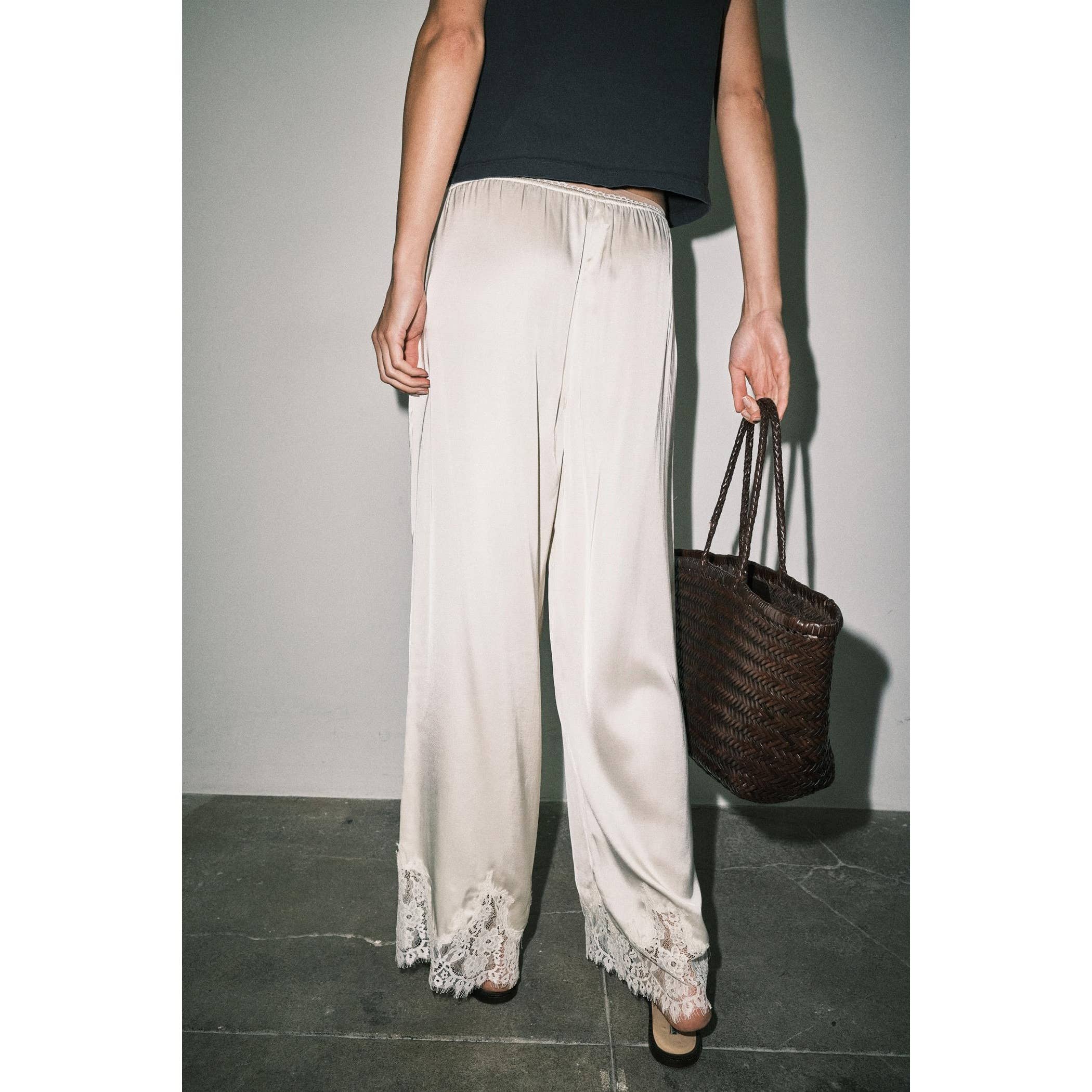 MIREYA SATIN LACE HEM WIDE LEG PALAZZO PANTS