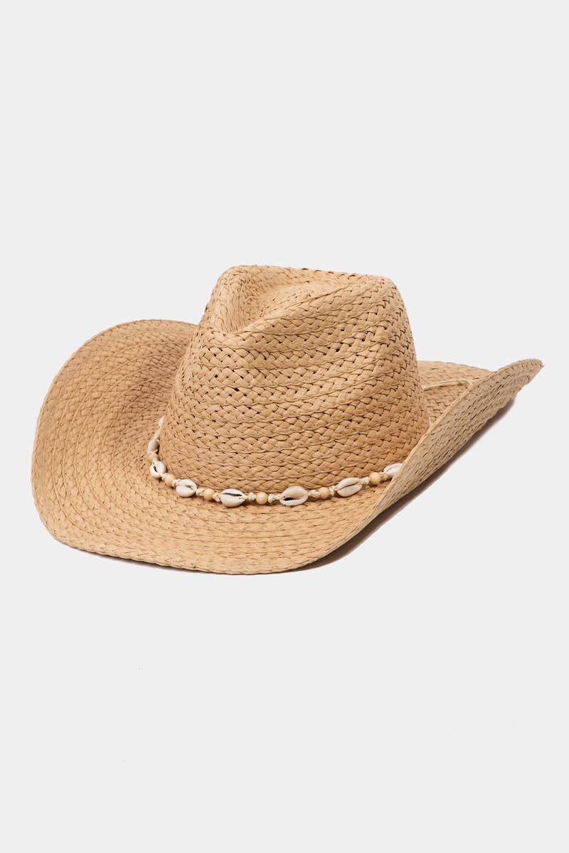 Cowrie Shell Straw Braided Western Cowboy Hat