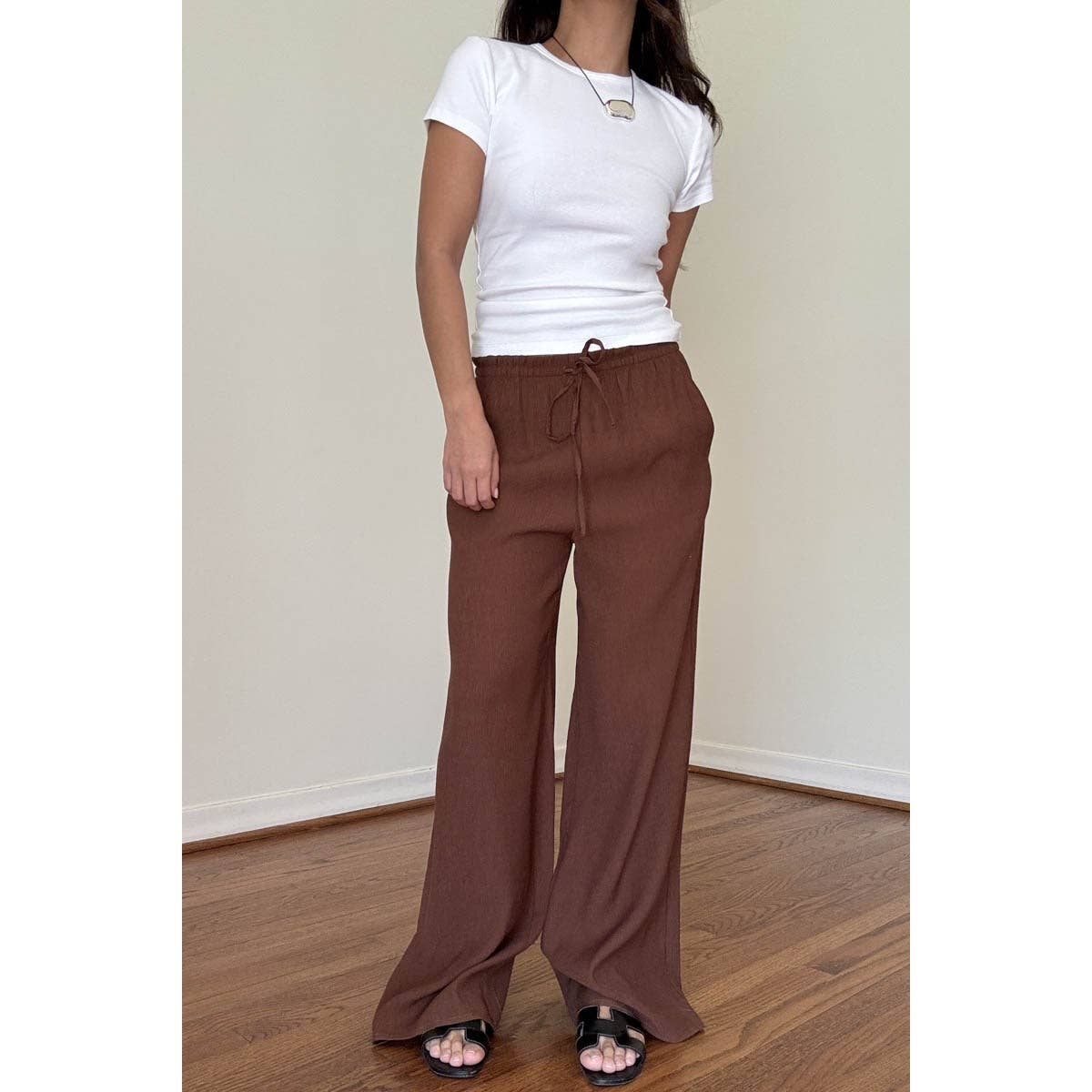 Drawstring Mid Waist Straight Leg Flowy Pants