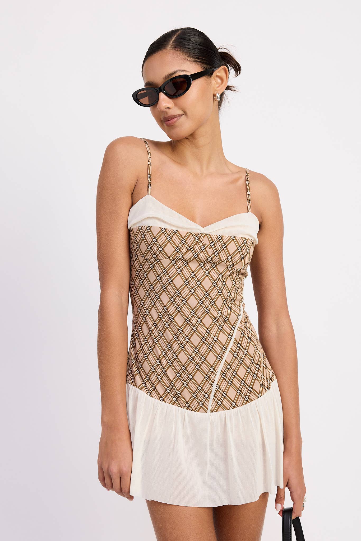 PLAID RUCHED MINI DRESS WITH CONTRAST TRIM