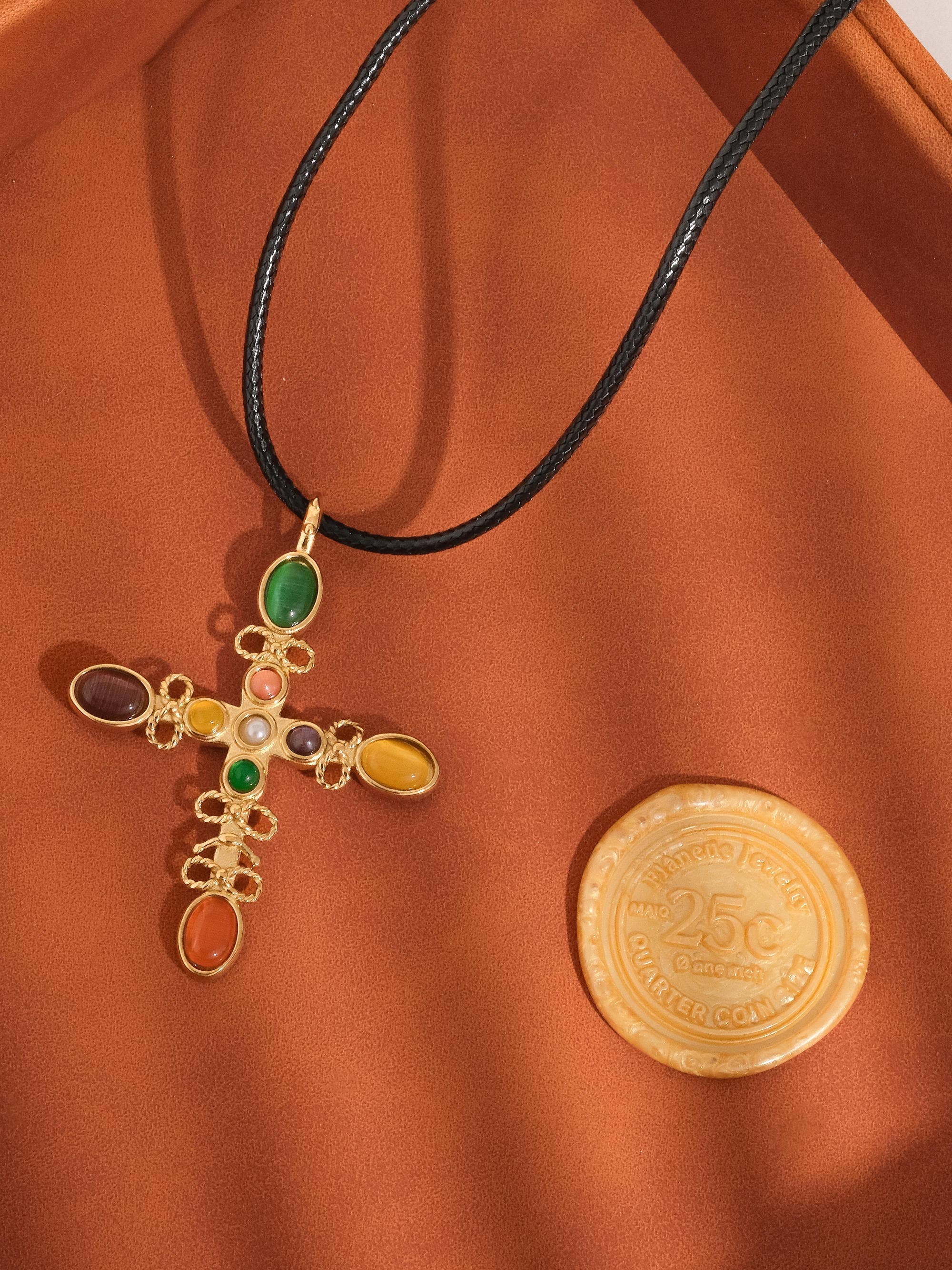 18K Gold Non-Tarnish Multi Stone Cross Necklace